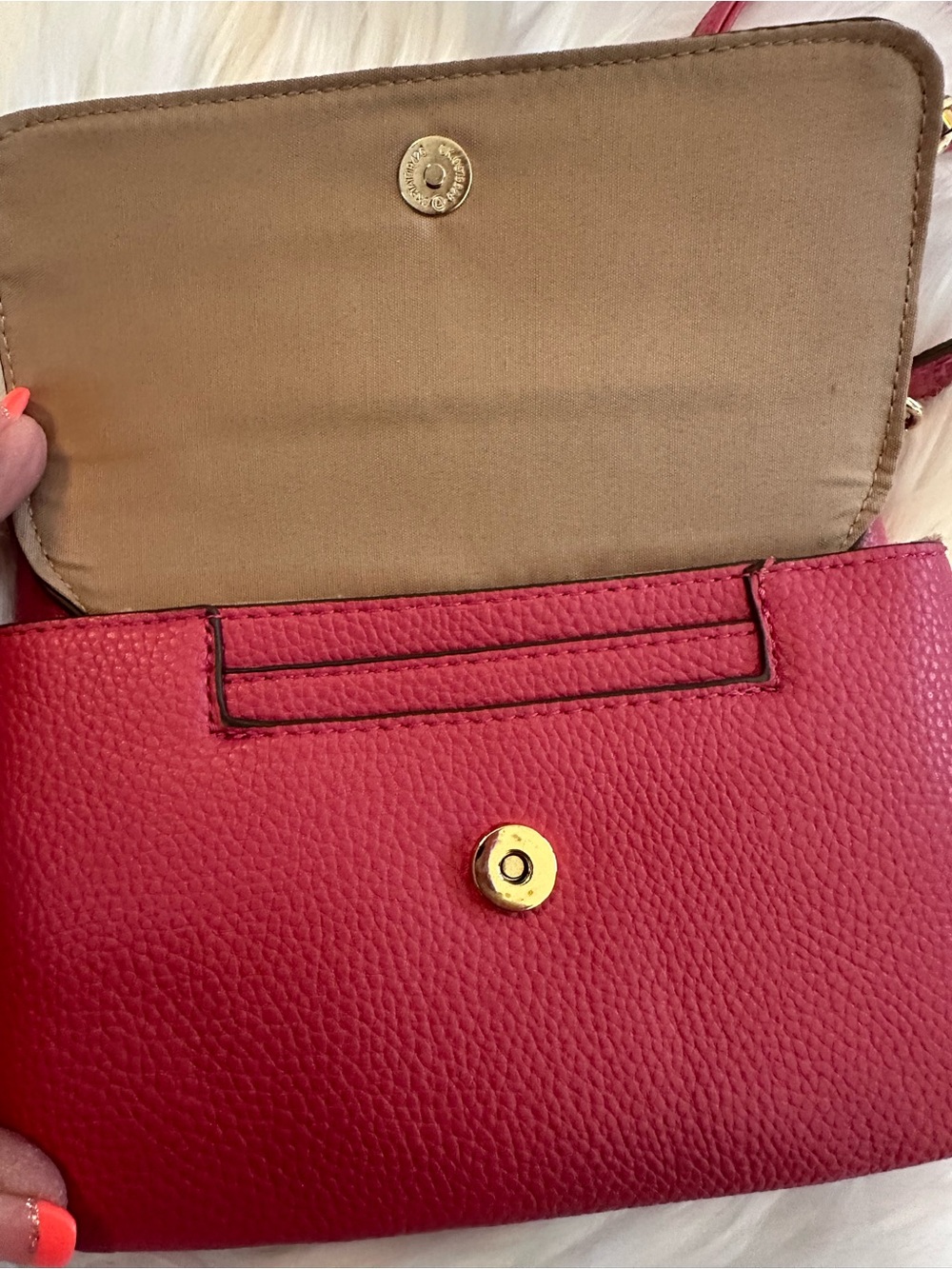 Like New Nanette Lepore Raspberry Pink Vegan Leather Crossbody Gold Chain - Picture 7 of 13